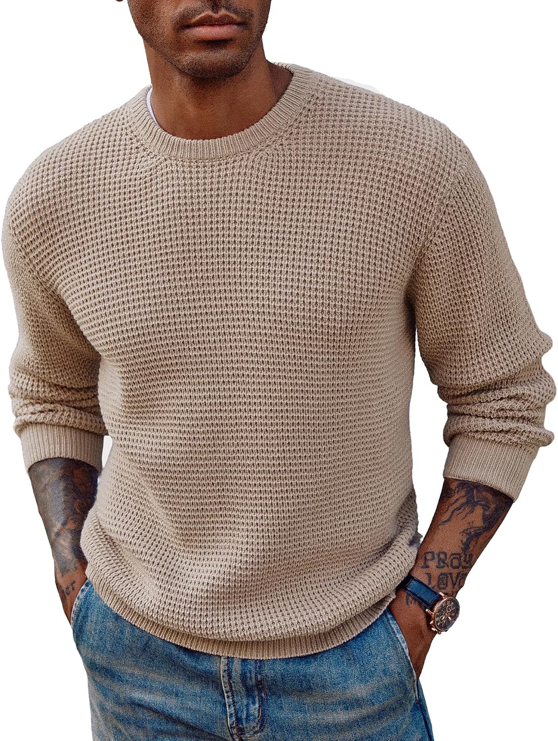 PJ PAUL JONES Mens Pullover Sweater Waffle Textured Long Sleeve Knitted Sweaters