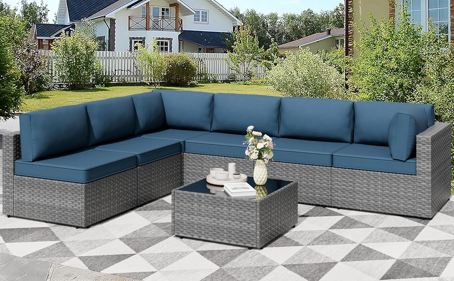 Shintenchi 7 Pieces Outdoor Patio Furniture Sets, Patio Sectional Sofa Couch, Gray PE Wicker Furniture Modular Patio Conversation Sets Patio Sofa with Washable Cushions, Aegean Blue
