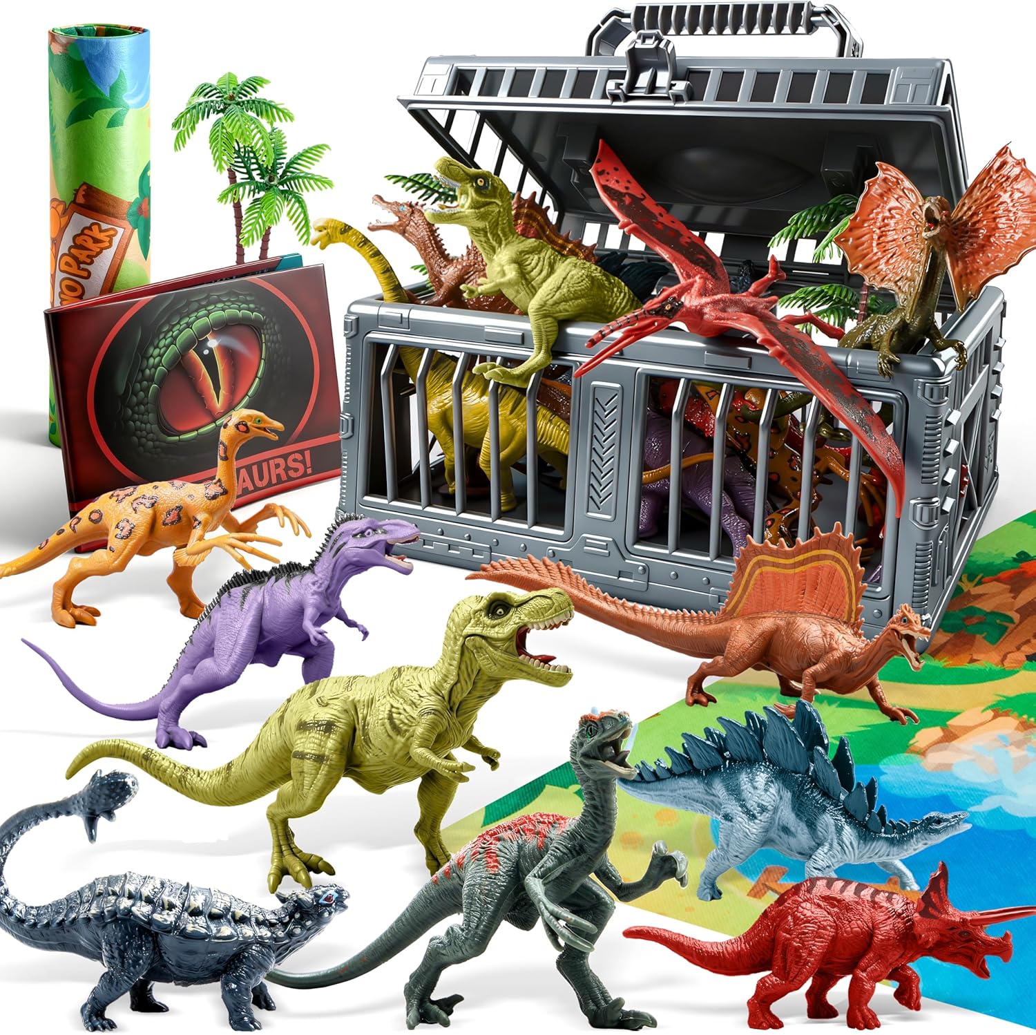 JOYIN Dinosaur Toys for Kids 3-5, 17 PCS Realistic Dinosaur Figures with Activity Play Mat & Storage Cage, Ideal Kids Toys for 3 Year Old Boys, Animals Toy for Boys Birthday Gifts
