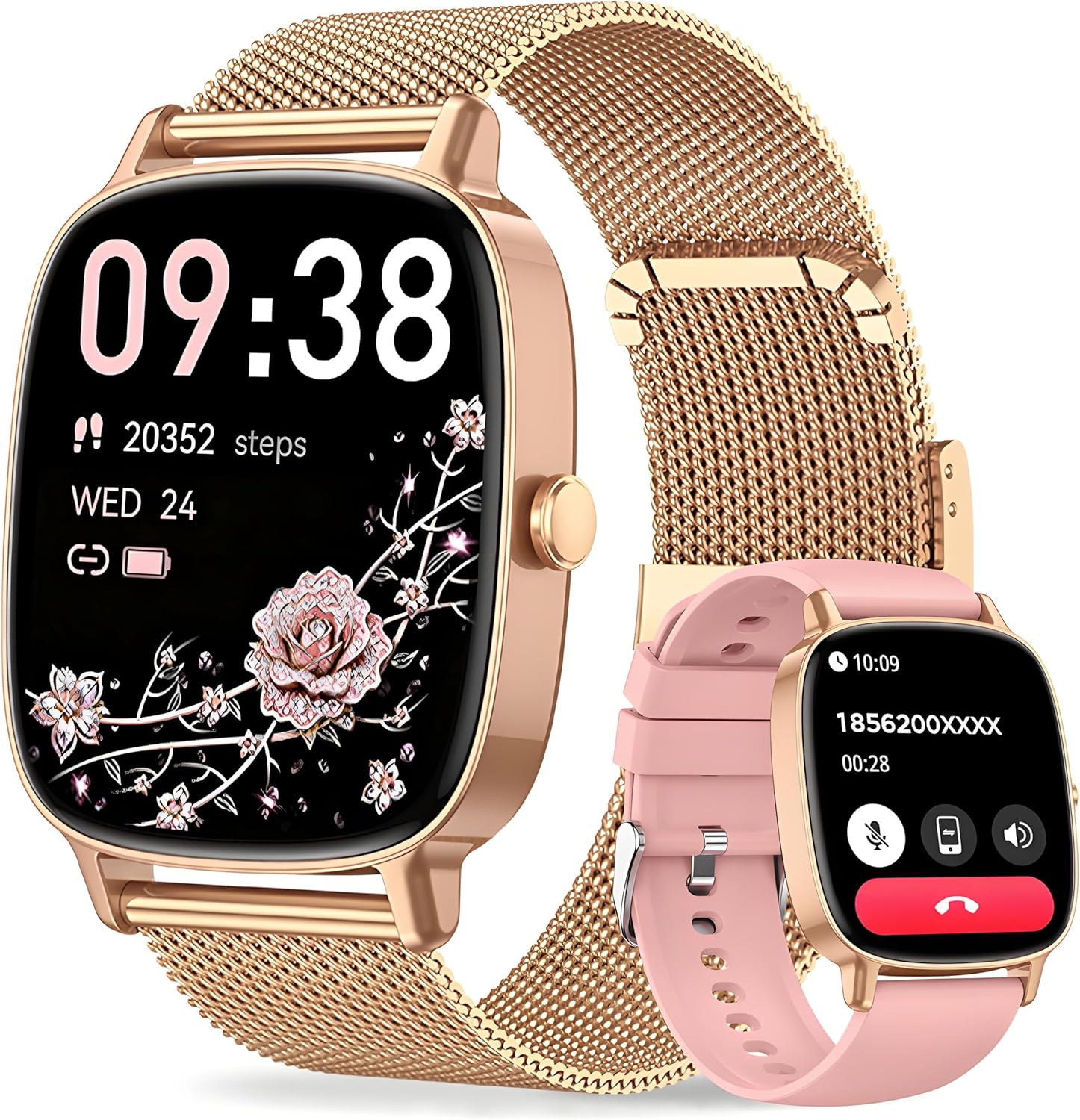 Smart Watch for Women, Answer/Make Call,1.85'' Ultra-Clear Screen Fitness Tracker with Heart Rate/Sleep/SpO2 Monitor,Smartwatch for iPhone/Samsung/Android,120+ Sport Modes,IP68 Waterproof with 2 Bands