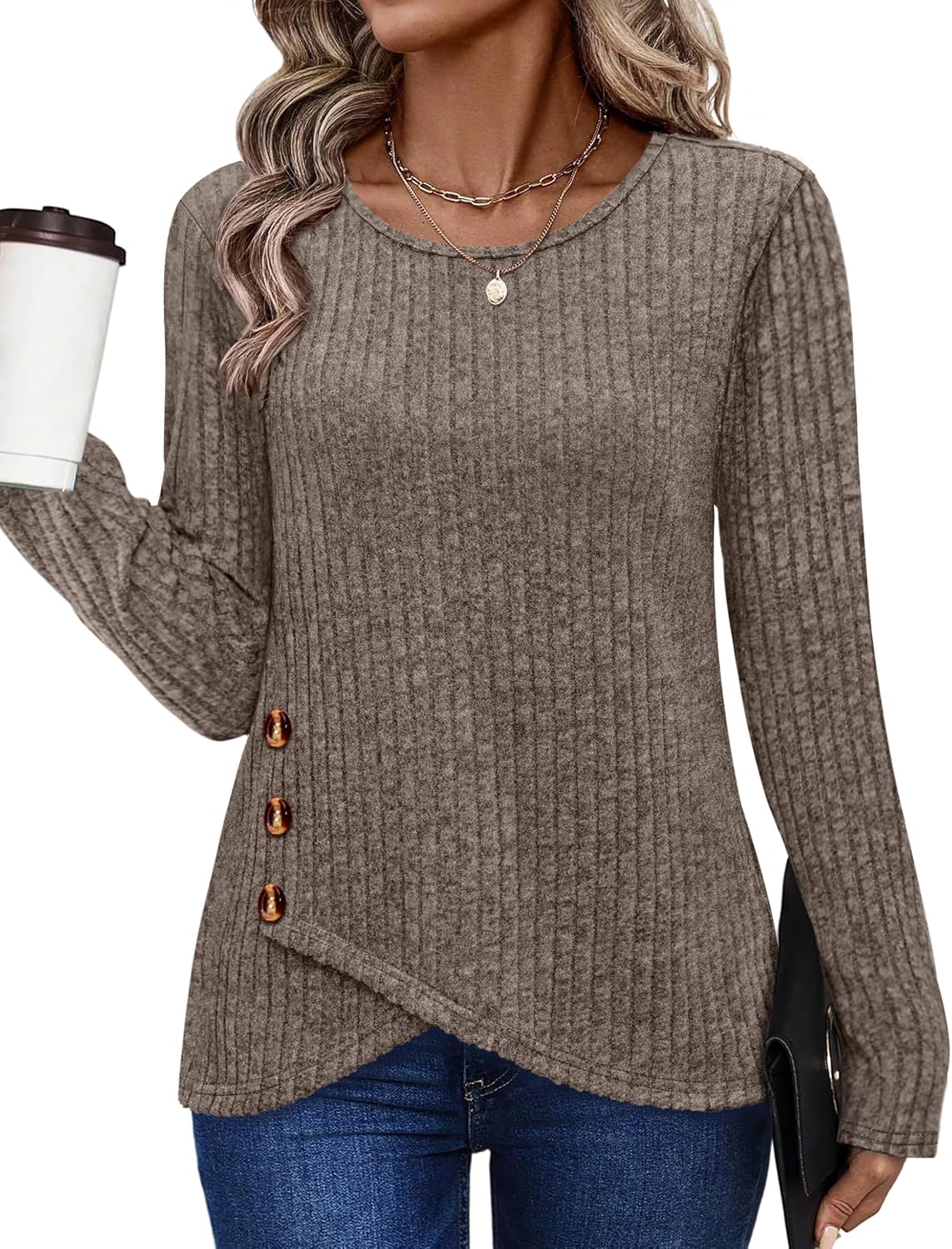 XIEERDUO Tunic Sweaters for Women Long Sleeve Shirts Crew Neck Tops with Buttons Fall Fashion Outfits Winter Clothing