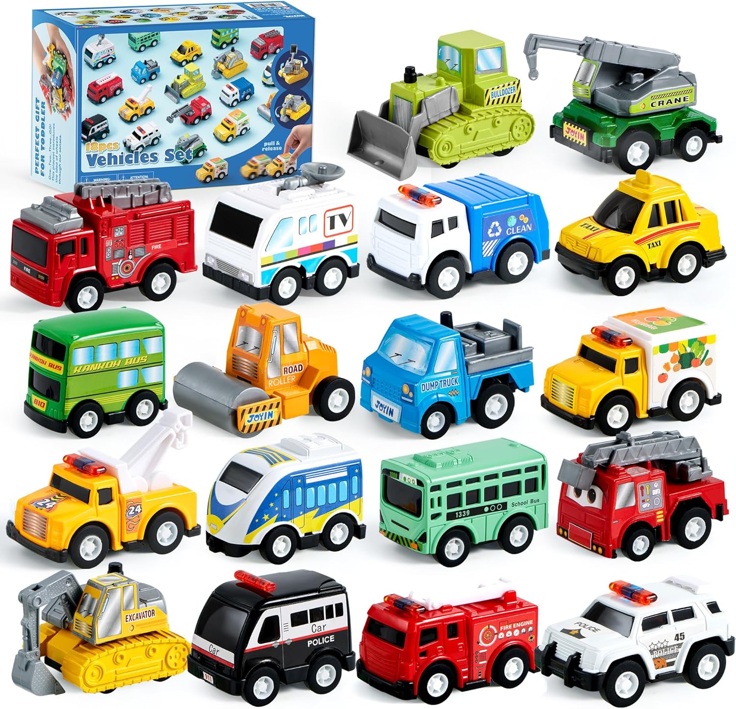 JOYIN 18 Pcs Pull Back City Cars and Trucks Toy Vehicles Set, Friction Powered Mini Cars Toys for Toddlers, Party Favors for Kids 3-5, Birthday Gifts for Boys and Girls, Goodie Bag Stuffers