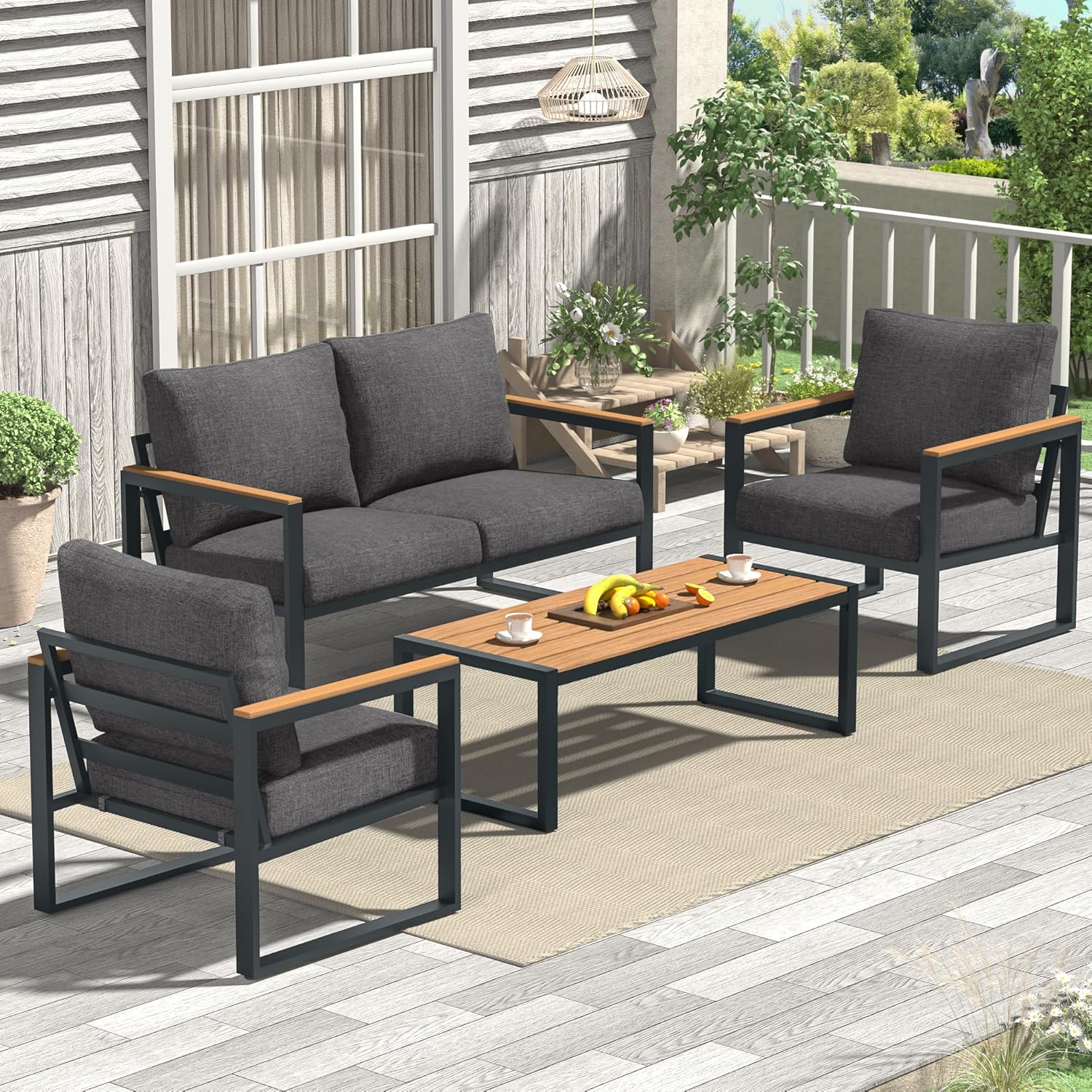 4 Pieces Metal Patio Furniture Set for Outdoor Balcony, Grey | 350LBS,With Coffee Table,Removable Cover,Water-Resistant,Rust-Resistant,Faux Wood Arm,4 Inch Cushion,For Front Porch Backyard