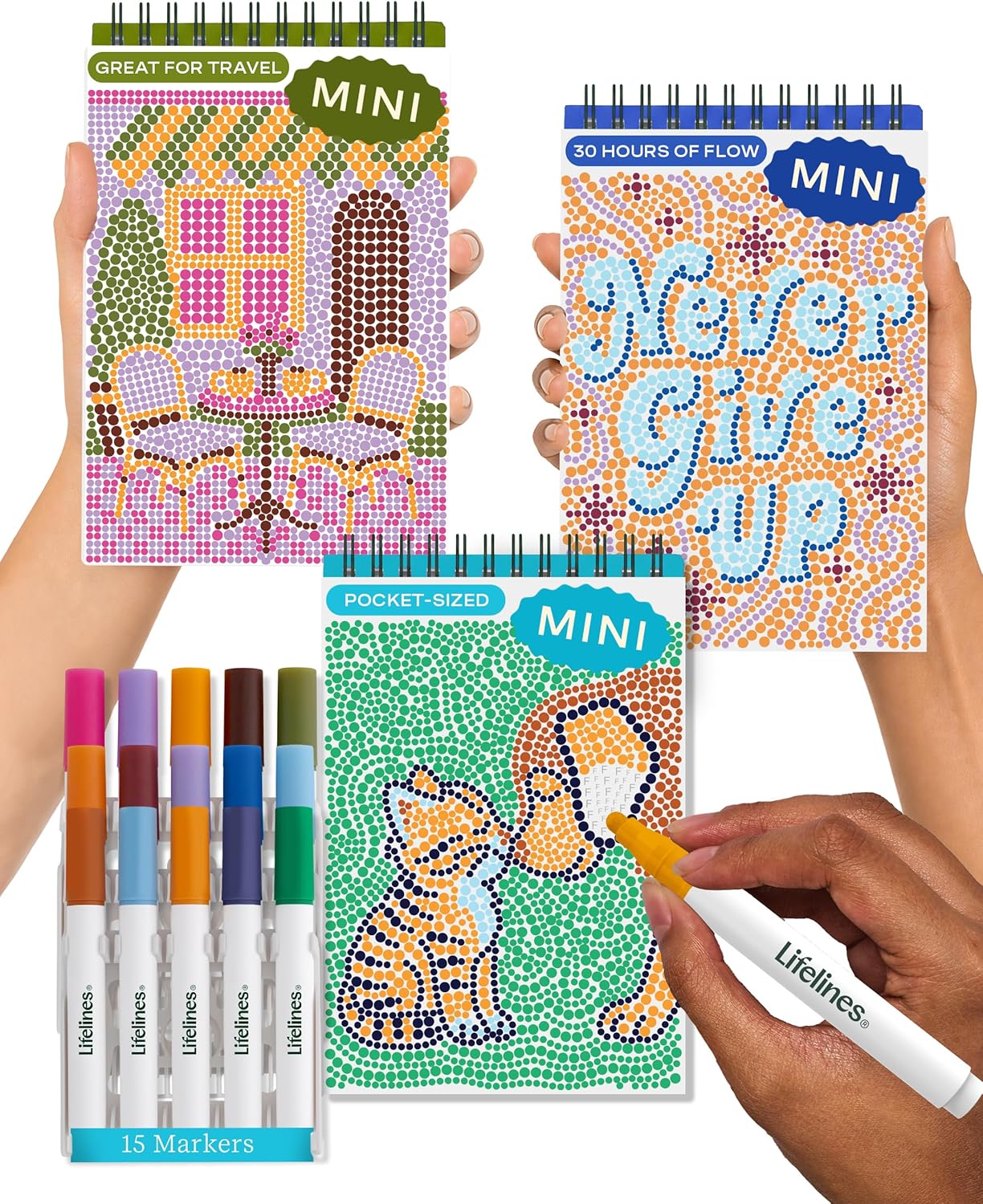 Lifelines FlowArt Mini Activity Pads, 3-Pack - Guided Dot-by-Letter Art Meditations with Markers - 15 Markers & 60 Scenes - Pocket-Sized Coloring Books for Tweens, Adults & Seniors - Patent-Pending