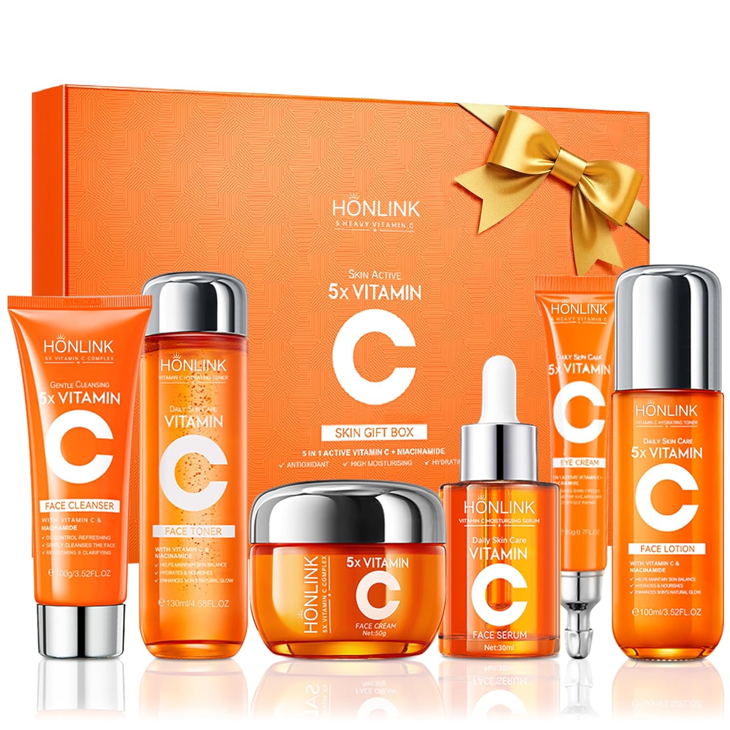 6-Piece Hydrating Skincare Set with Vitamin C & Niacinamide, Face Care Kit Includes Toner, Serum, Cleanser, Moisturizer, Eye Cream & Body Lotion for Daily Skin Care & Self Care