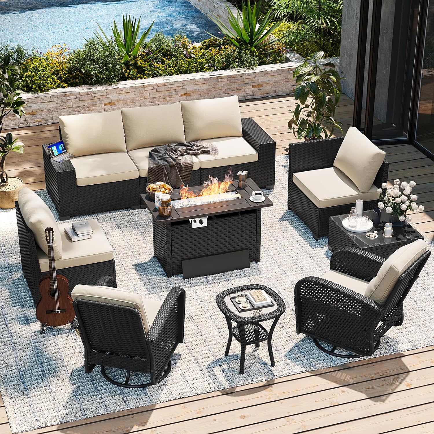 Aoxun 10-Piece Widen Armrests Patio Furniture Set with 44" Fire Pit Table | Wicker Rattan Outdoor Sectional Sofa with Swivel Chairs, Outdoor Patio Furniture Set with Thick Cushions & Ottoman, Beige