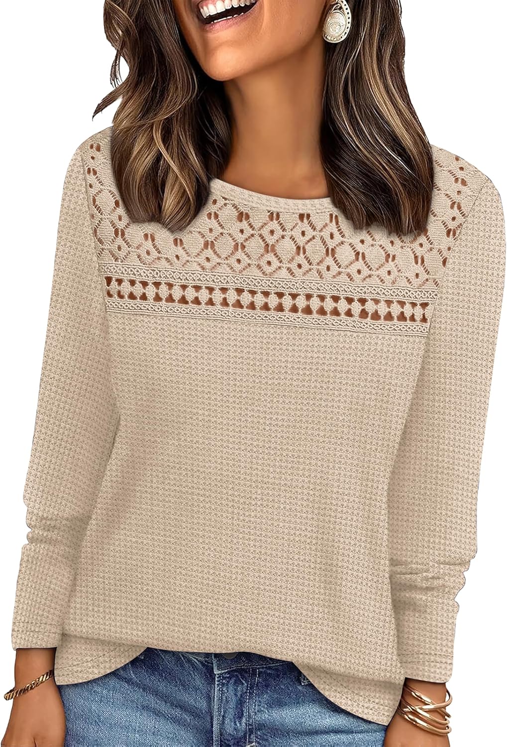 WIHOLL Blouses for Women Dressy Casual Lace Spring Long Sleeve Shirts 2026 Trendy Sweaters Waffle Knit Beach Vacation Clothes