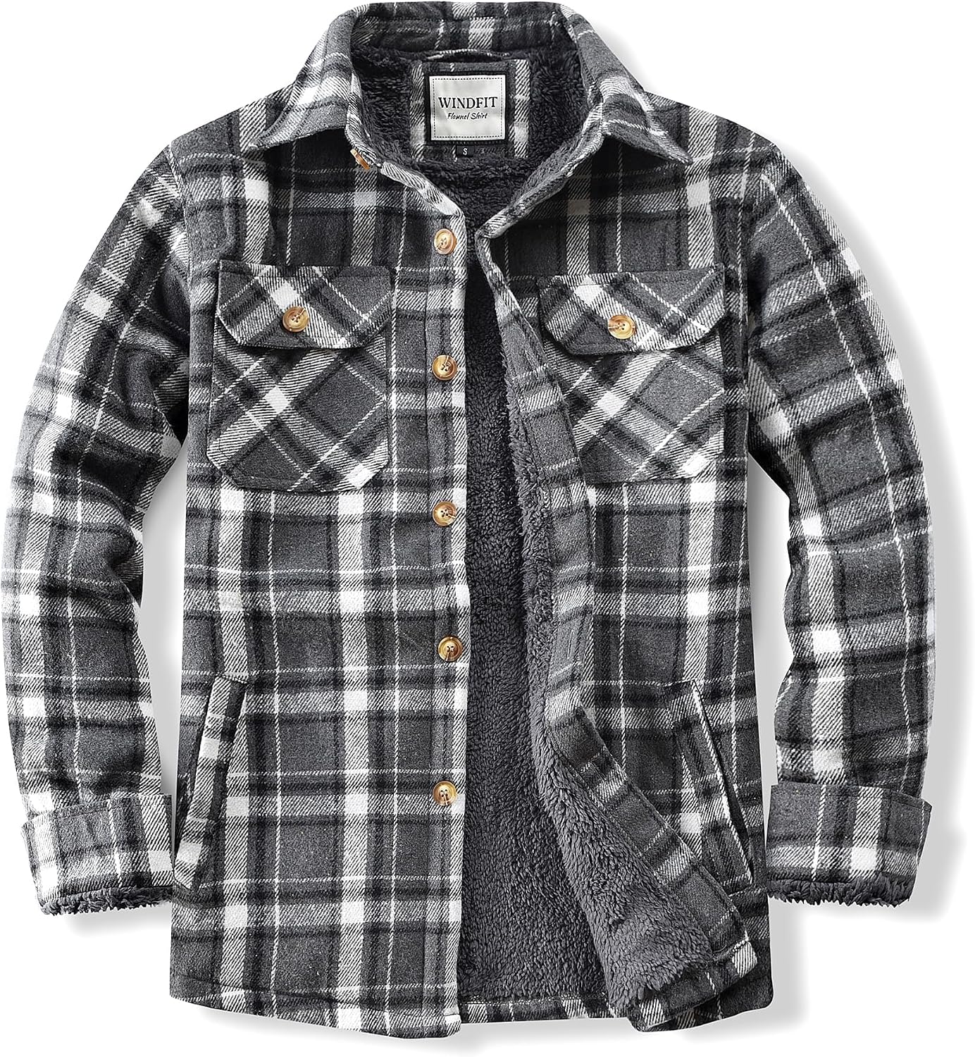 WINDFIT Men's Cotton Sherpa Button Down Flannel Shirt Jacket Plaid Shirt