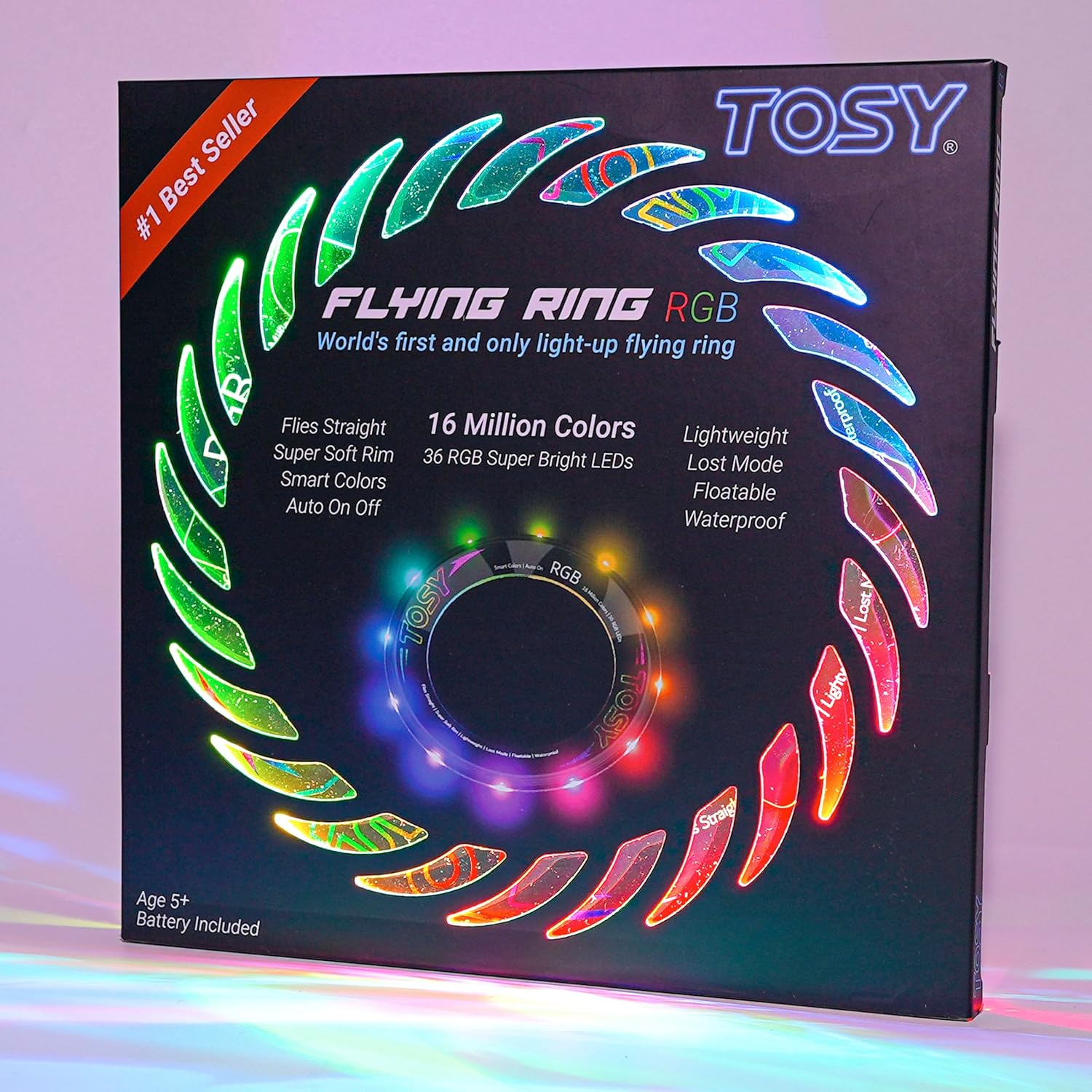 TOSY Flying Ring - 36 RGB Multicolor or 12 Monocolor LEDs, Super Bright, Lost Mode, Auto Light Up, Camping Essentials for Kid/Teen/Boy/Girl, Safe & Soft, Waterproof, Pool/Beach Games, Lightweight Toy