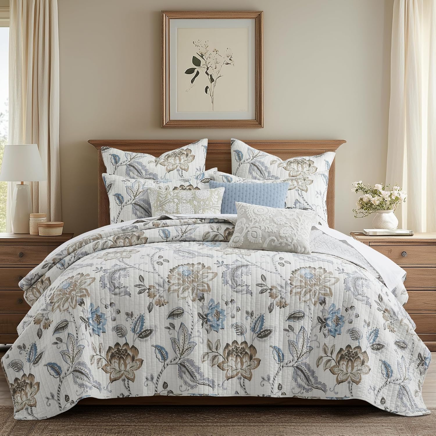 Levtex Home - Maileen Neutral Blue Quilt Set - King Quilt and Two King Shams - Floral - Taupe Blue and Cream - Quilt (106x92in.) and Shams (20x36in.) - Reversible - Cotton