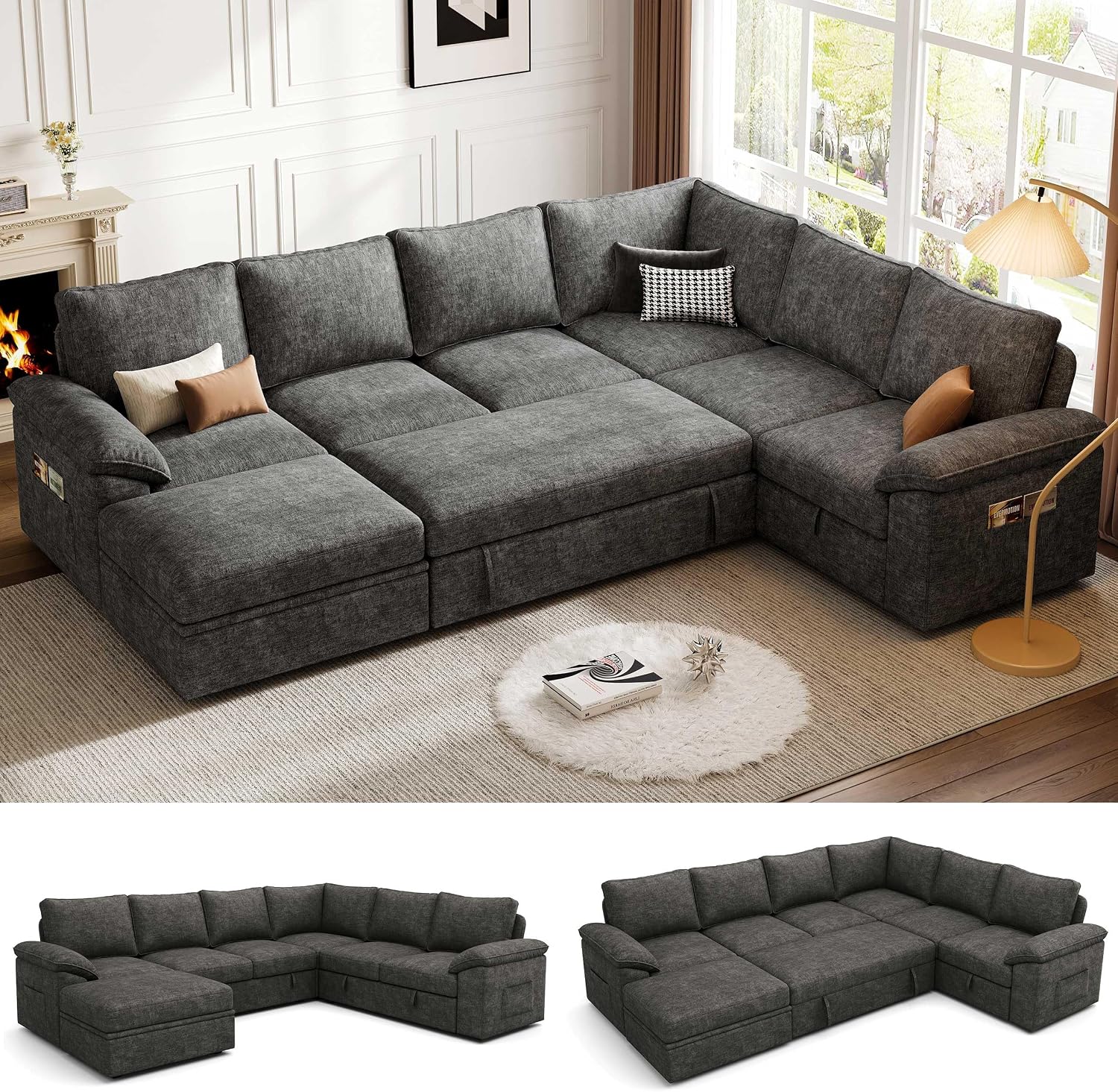 108'' Modular Sectional Sofa with Pull Out Bed, Sleeper Sofa, Dark Gray | U Shaped 7 Seat Sectional Couches for Living Room, Cloud Modular Couch with Storage, Pull Out Couch, Removable Sofa Cover