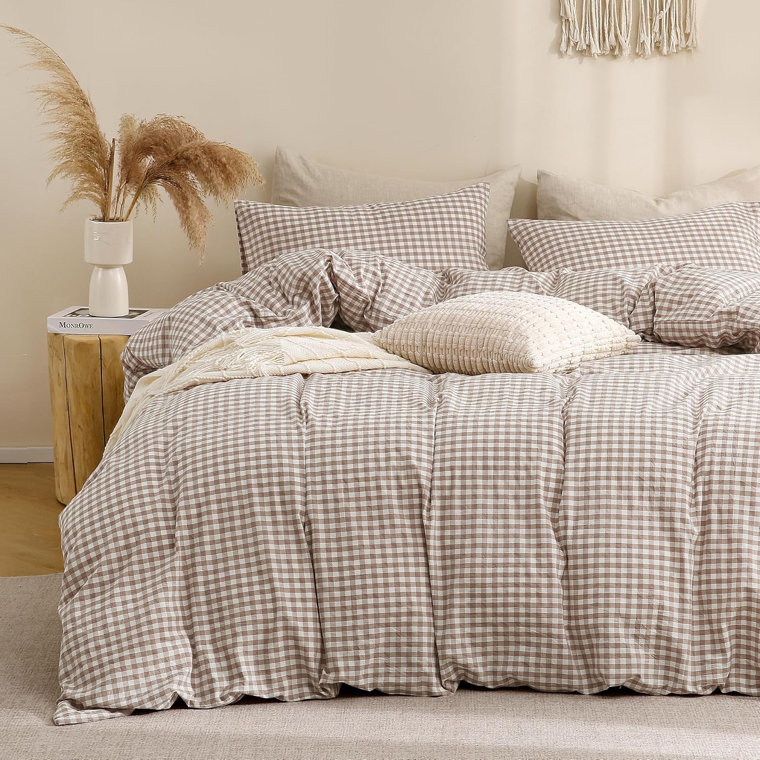 TOCOMOA Tan Gingham Duvet Cover Bedding Set Washed Cotton Like Linen, Queen | 100% Washed Cotton Linen-Like Feel Soft, Breathable & Comfy. Fall Vintage Farmhouse Decor, Zipper & 8 Ties. 3 Pcs, No Inse