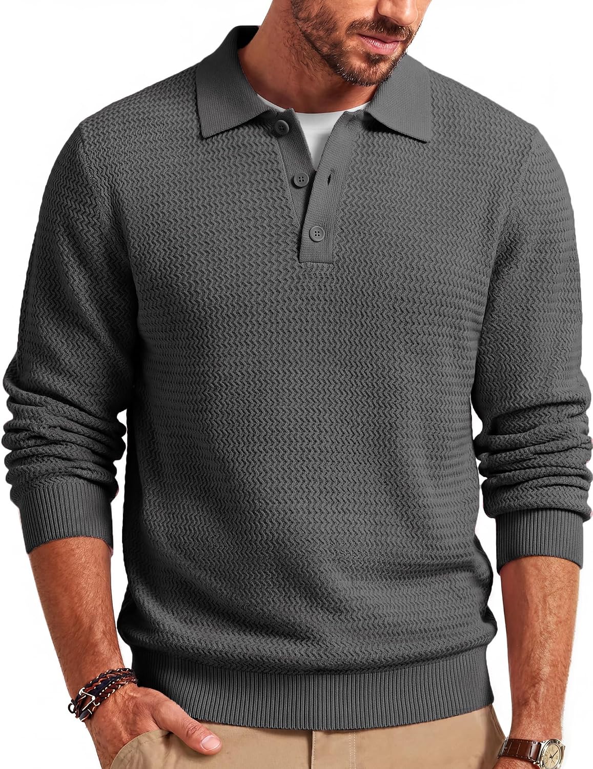 COOFANDY Men's Sweater Long Sleeve Knitted Polo Textured Casual Pullover | Polo Collar, Long Sleeve, V Neck, Cable Knit Texture, Soft,Stretch,Warm, Regular Fit, Fall Clothing