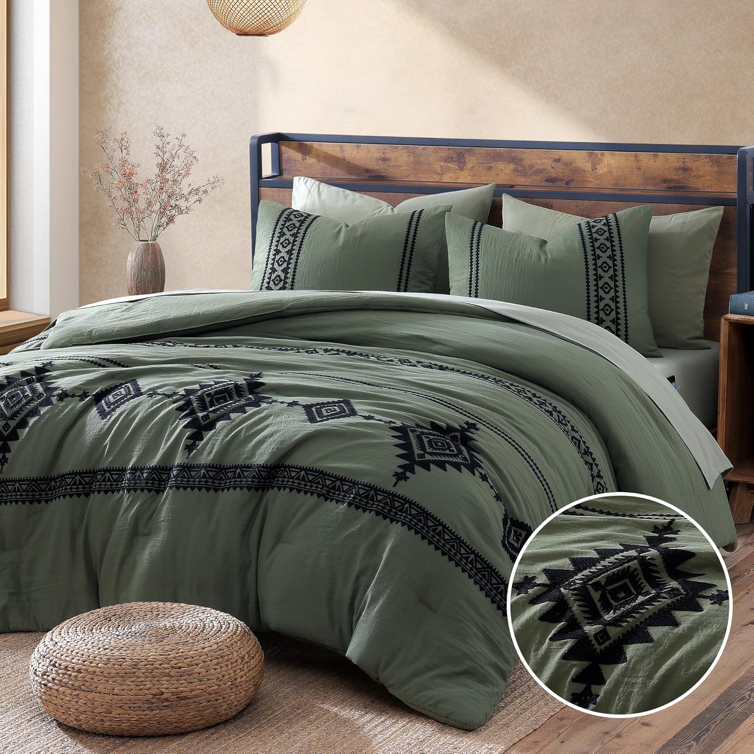 MaiRêve Embroidery Queen Comforter Set 7 Pieces Olive Green Bed in a Bag | Western Boho Farmhouse Bedding Sets with Comforter, Sheets, Pillowcases & Shams