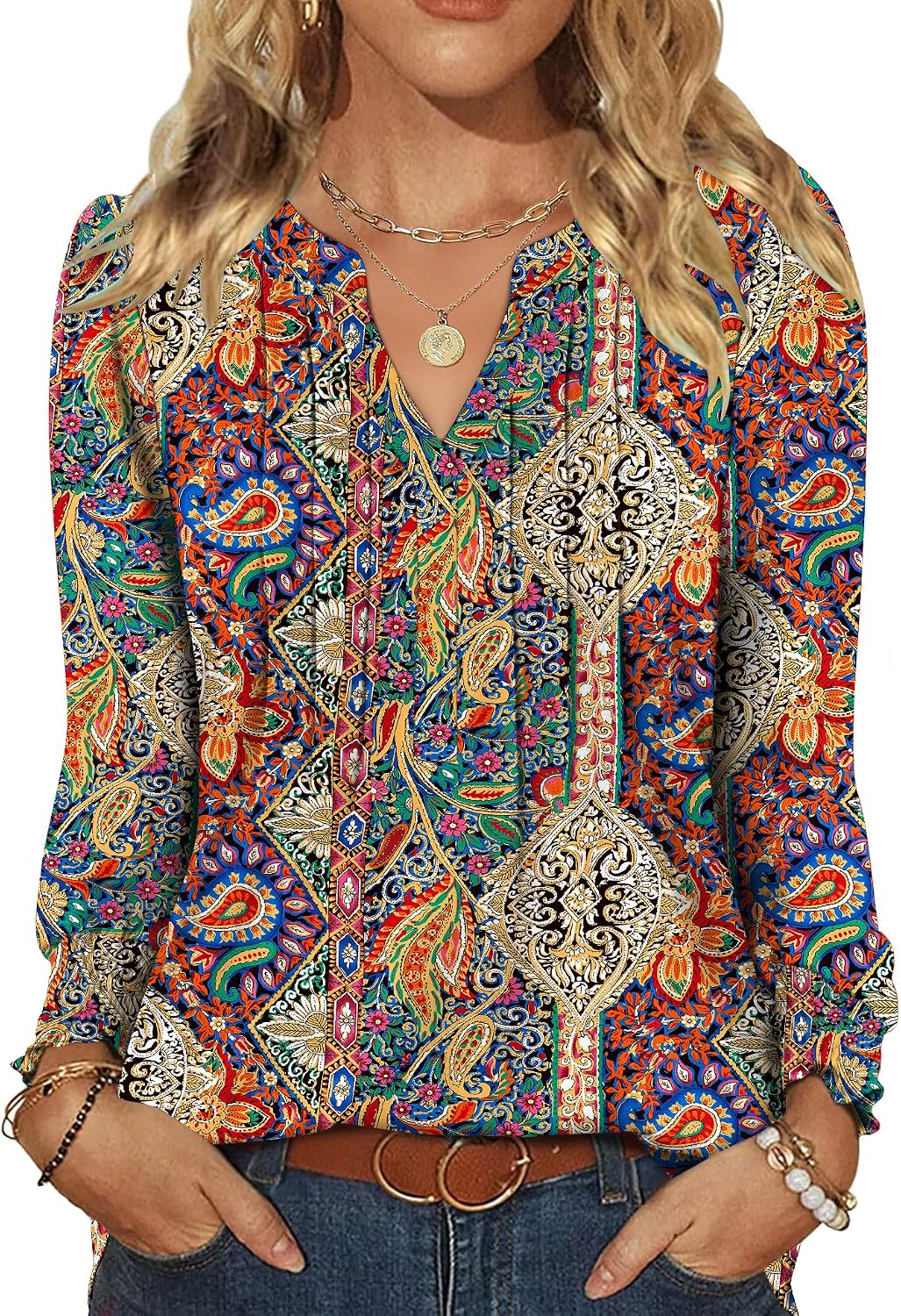 LOMON Womens Tops Dressy Casual Pleated Ruffle Long Sleeve Tunics Tops to Wear with Leggings V Neck Work Blouse