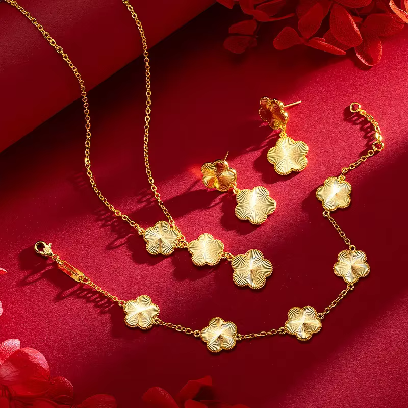 Women 9999 24K Real Gold Light Luxury Super Flash Plum Blossom Set Fashionable Female Plum Blossom Bracelet Necklace Earring Set
