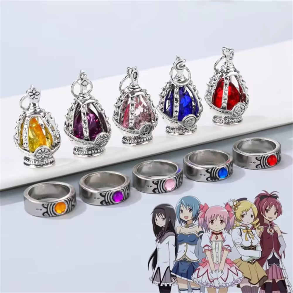 Anime Puella Magi Madoka Magica Soul Gem Necklace Crystal Pendant Ring Cosplay Costumes Lovers Jewelry Set Accessoies Props