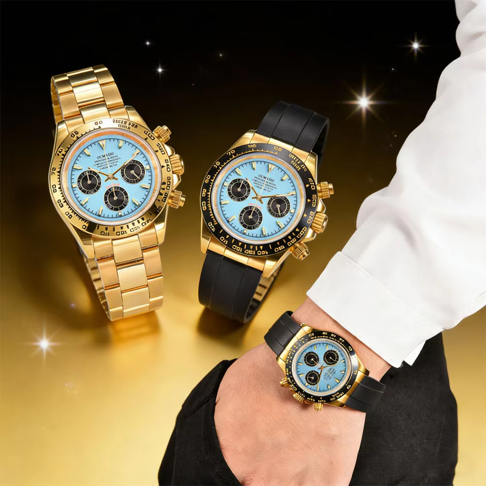 39mm Gold Men's Watch VK63 Movement Chronograph Sapphire Glass Non-Luxurious Business Men's Waterproof Watch