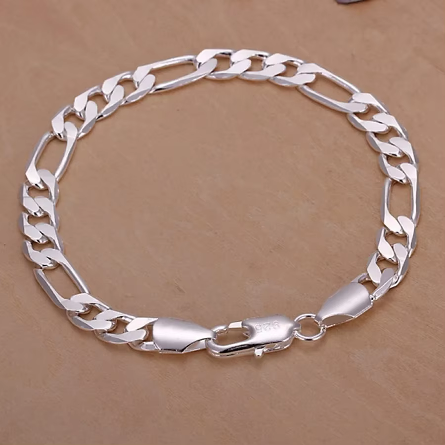 Fine 925 Sterling silver bracelets 6-8mm Women Men chain wedding fashion top quality Silver Jewelry Figaro 20cm