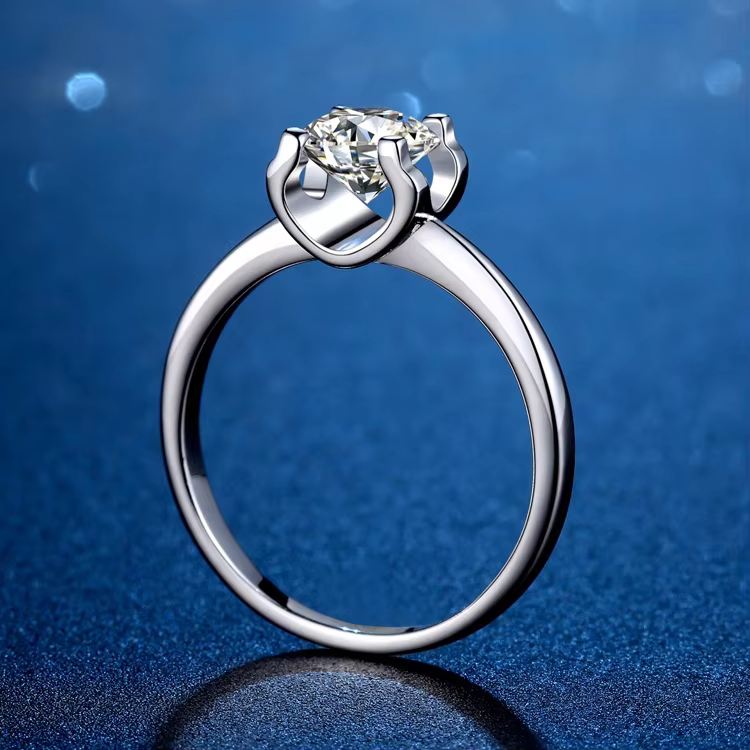 Women's PT950 Platinum 3Ct Moissanite Four-Claw Plain Bull Head Ring -Women's exclusive, neat plain band, must-have for proposal