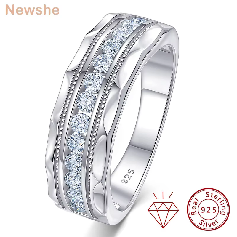 Newshe Men's 925 Sterling Silver Moissanite Ring Brilliant D Color VVS1 GRA Certified Eternity Band Wedding Engagement Jewelry