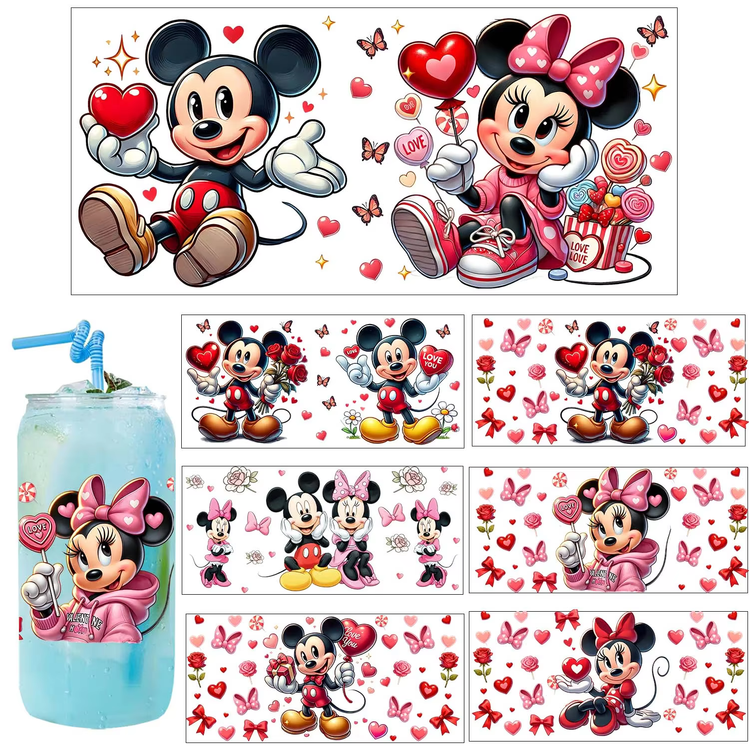 XOXO Valentine's Day Mickey Princess Cartoon Artwork UV Sticker DIY Decals 3D transfers uvdtf stickers 16oz uv dtf cup wraps