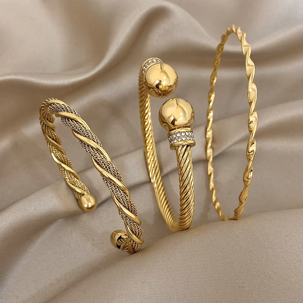 Greatera High Quality Warp Twine C-shape Open Men's Bangle Stainless Steel Rhinestone Inlaid Women's Cuff Bracelet Jewelry Gift