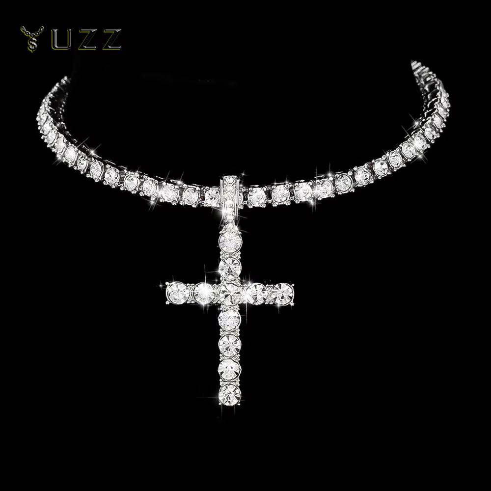 Hip Hop Iced Out Cross Pendant Necklace Strap 4mm Zircon Tennis Chain Men Women Sparkling Necklace Punk Jewelry Fashion Gift - AliExpress 36