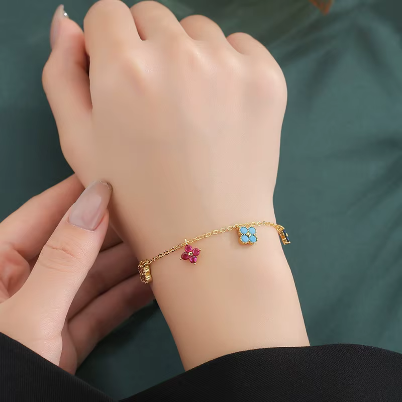 925 Sterling Silver Colorful Four-Leaf Diamond Bracelet for Women Trendy Fashion Fine Jewelry Gifts Accessories