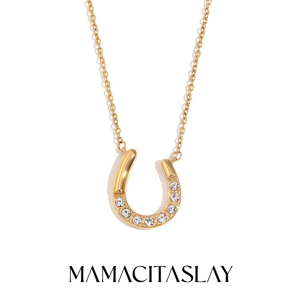 MamacitaSlay 18K Gold Plated Sparkling Horseshoe U-shaped Pendant O-chain Women's Stainless Steel Necklace Jewelry On The Neck