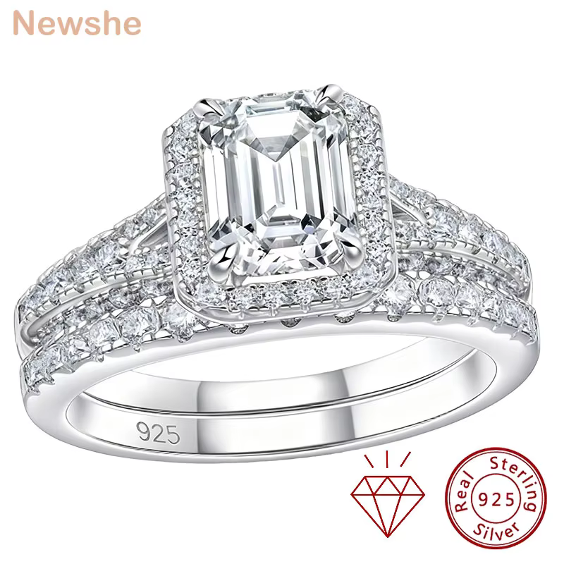 Newshe Women's Stackable VVS1 Moissanite Wedding Rings Set GRA Certified Halo Emerald Cut 925 Sterling Silver Bridal Ring