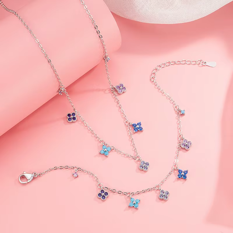 925 Sterling Silver New Multicolored Four-Leaf Clover Sparkle Diamond Bracelet and Anklet for Women Necklace Accessories Gift