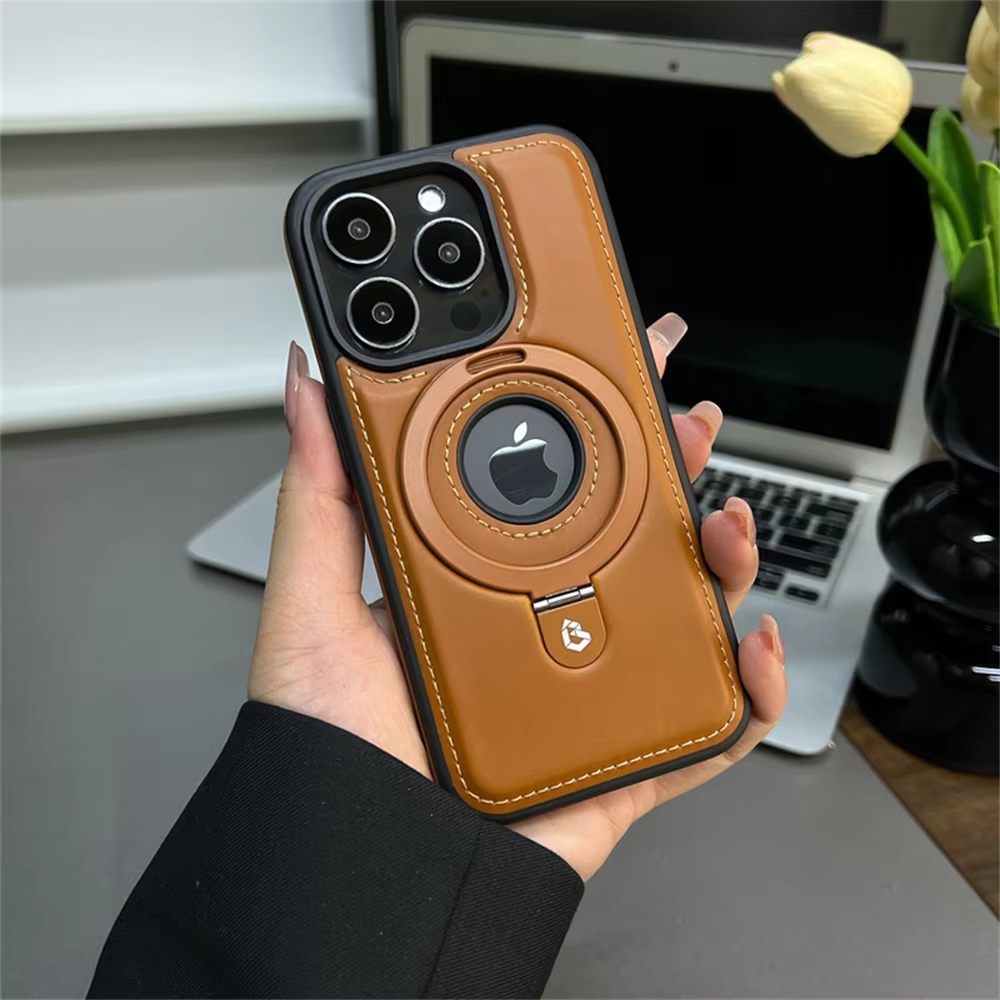 Luxury Magnetic Stand Ring PU Leather Case For iPhone 17 Air 16 Pro Max 15 14 13 12 Magsafe Wireless Charging Hollow Logo Cover - AliExpress 202192403
