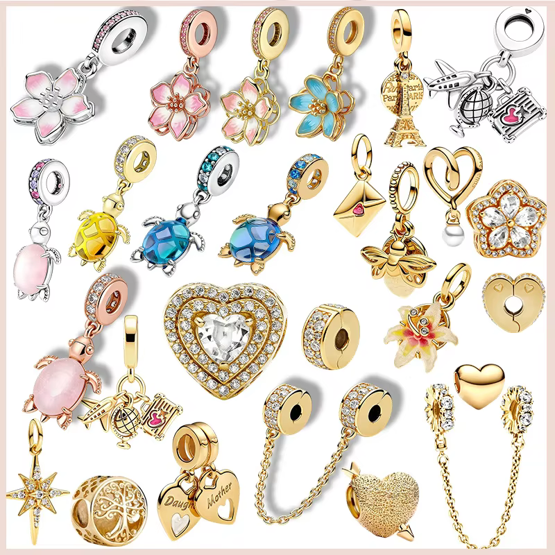 New Original Charms Beads Golden Flower&Tortoise Sparkling Leveled Hearts Charm Beads Fit Pendant Bracelet Women Jewelry Gift - AliExpress 36