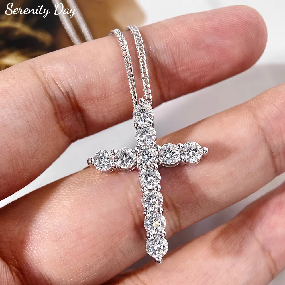 Serenity 5mm All Moissanite Cross Necklace Women Men Gift S925 Pendant Necklace 100% Solid Silver Chopin Chain Jewelry Wholesale