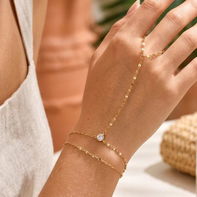 Stainless Steel Hand Chain Ring Bracelet for Women, Adjustable Gold Plated Double Layer Finger Bracelets Summer Party Jewelry