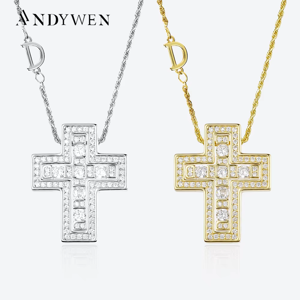 ANDYWEN 925 Sterling Silve Big Double Cross Pendant Long Chain Neckalce 2021 Korea Women High Quality D Twist Chain Jewelry Gift