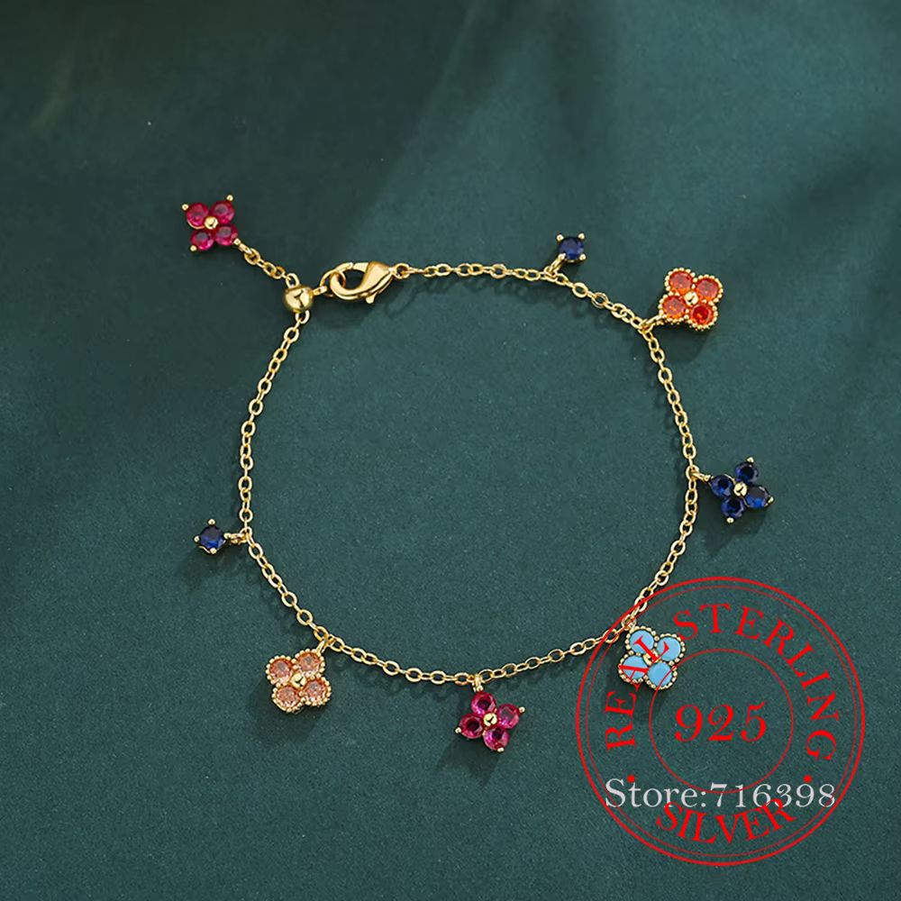 925 Sterling Silver 4-leaf Clover Colorful Flower Charm Bracelets for Woman Homme Fashion Charm Wedding Jewelry Mom Gift - AliExpress 36